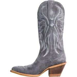 Womens Faux Suede Embroidered Pointed Toe Chunky Heel Pull On Cowboy Boots